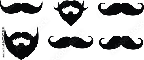 Mustache and beard silhouettes vector illustration, facial hair style icon set, grooming and barbershop design, male fashion and hipster graphic clipart