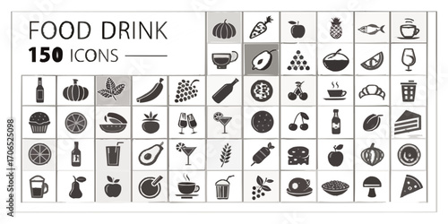 Collection of food and drink icons featuring fruits vegetables and beverages in a grid arrangement
