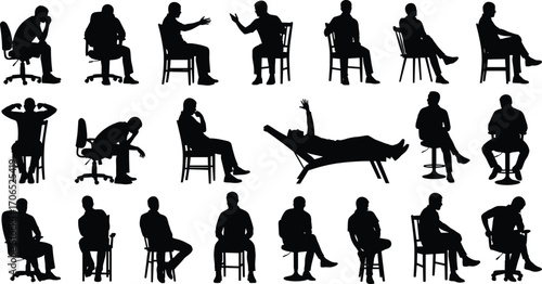 Seated people silhouettes vector illustration, various chair sitting postures icon set, relaxed and expressive body language design, human sitting position gesture clipart