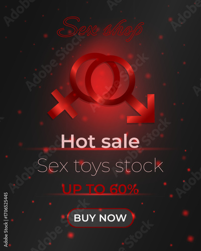 18+ banner template for sex shop with signs indicating female and male gender in red. Adult shop advertisement. Sex shop online. Poster template, advertisement, website banner, signboard, etc.