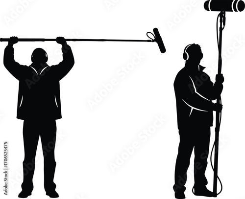 boom microphone operator silhouettes, sound technician, audio engineer, film production, recording crew, vector illustration, black and white, minimal style