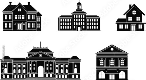 black and white building silhouettes, architectural landmarks, government building, house, courthouse, commercial shop