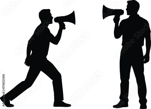 megaphone silhouettes, shouting figures, public speaking, protest, debate, communication, announcement, vector illustration, black and white, minimal style, activism, confrontation, vocal expression
