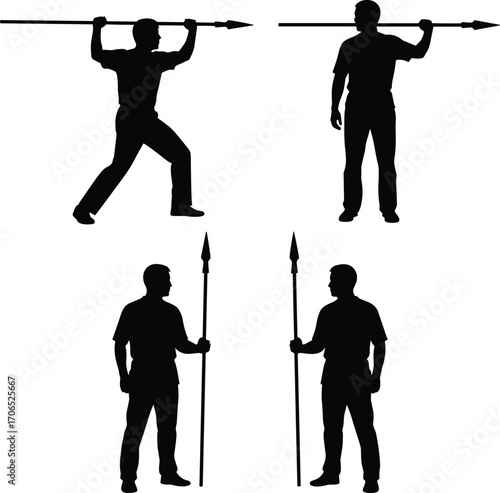 spear holding silhouettes, weapon poses, martial arts, warrior stance, combat training, vector illustration, black and white, minimal style, historical weaponry, battle scene