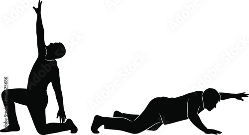 stretching exercise silhouettes, fitness poses, yoga stretch, physical therapy, mobility training, vector illustration, black and white, minimal style, flexibility workout, body conditioning