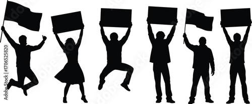 Protest and demonstration silhouettes vector illustration, activist crowd with signs and flags icon set, political rally design, social movement graphic clipart
