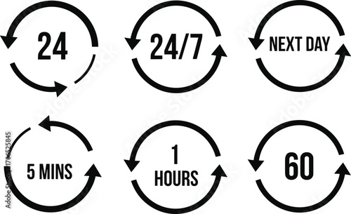 Time duration and availability icons vector illustration, 24 hours 7 days service symbols, delivery and schedule design, countdown and timer graphic clipart
