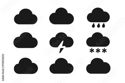 Weather icons representing different conditions including clouds, rain, storm, and snow in a minimalistic design