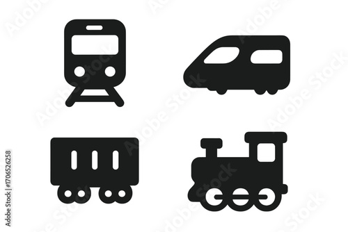 Various silhouettes of trains in different styles and designs captured on a simple background