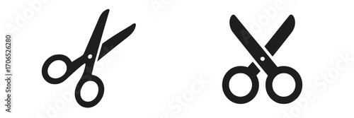 Scissors in black silhouette design showing open and closed positions on a simple background