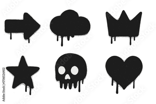 Black silhouette graffiti symbols featuring arrow, cloud, crown, star, skull, and heart in an urban art style