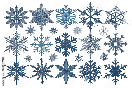 Collection of uniquely shaped blue and gray snowflakes on a white background creating a wintery scene