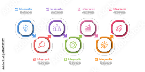 Timeline 7 steps infographic progress modern color style for presentation, start up project, business strategy, theory basic operation, logic analysis vector 10 eps