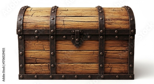 Weathered wooden treasure chest with rusted metal straps and rivets on soft diffused lighting highlighting antique textures