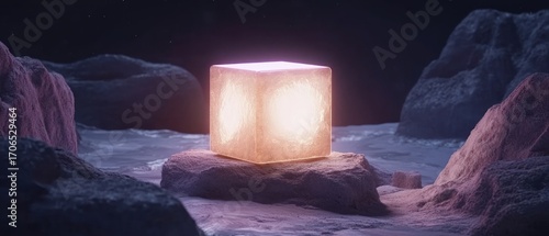 Glowing cube on alien rocks
