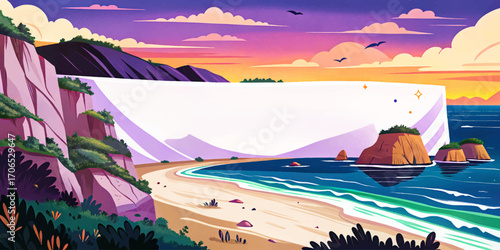 Flat white banner across coastal cliffs illustration vector, ocean waves horizon, wilderness outdoor landscape, rustic scenic placement, solitude dramatic surface, natural background
