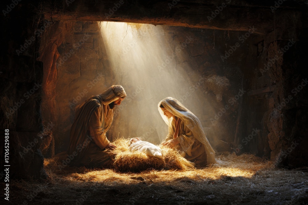 Nativity scene in a stable with radiant light illuminating the baby ...