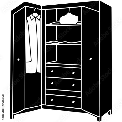 Open wardrobe with hanging clothes and shelves a silhouette isolated on white background