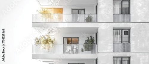 Modern apartment building exterior with balconies and plants