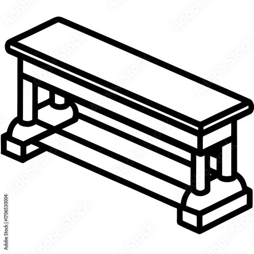 Simple isometric line art illustration of a wooden bench with a lower shelf isolated on white background silhouette