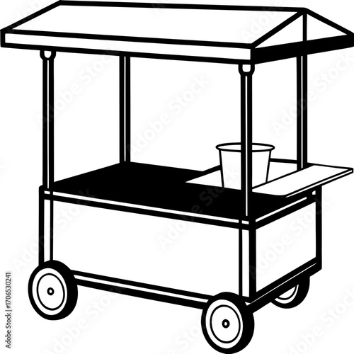 Black and white silhouette of a mobile food cart with a canopy and wheels isolated on white background