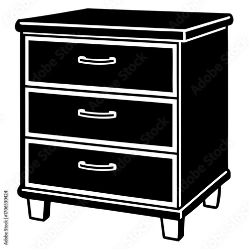 Black silhouette of a three drawer nightstand with handles isolated on white background