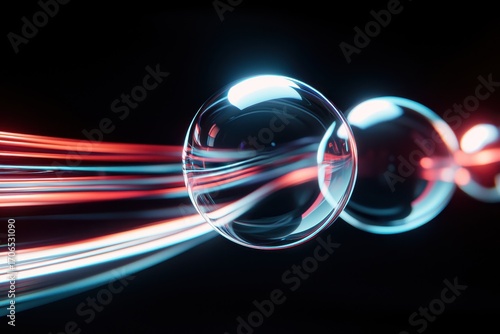 A vibrant depiction of light trails and bubbles, showcasing dynamic movement and an ethereal quality against a dark background.