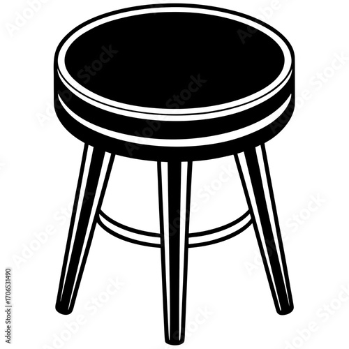 A simple black silhouette of a round wooden stool with three legs isolated on white background