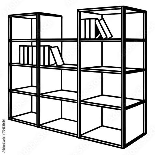 Modern minimalist open shelving unit with books in a silhouette style isolated on white background