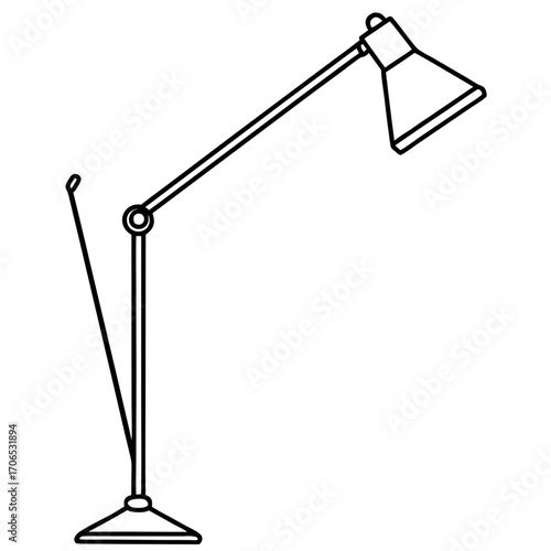 Adjustable desk lamp with a conical shade and a thin stand silhouette isolated on white background