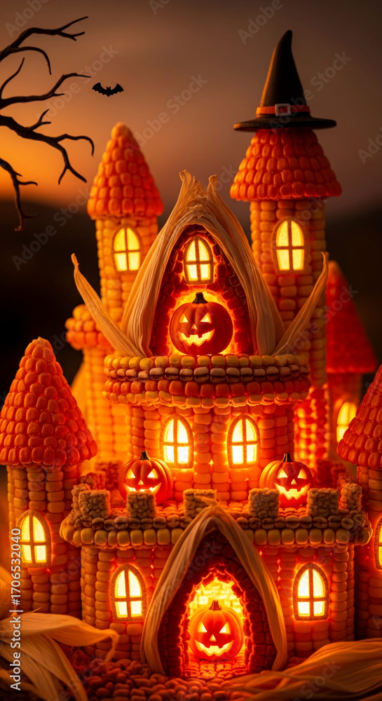 Fototapeta premium Illuminated corn husk castle with carved pumpkins, creating a festive Halloween scene. Warm, autumnal ambiance evokes spooky fun