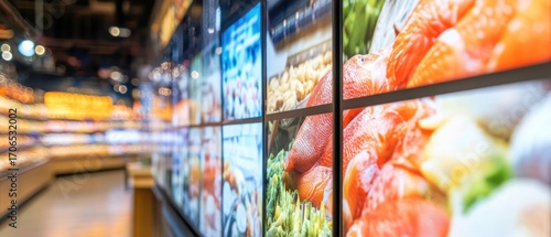 Fresh salmon and food display on supermarket digital screen