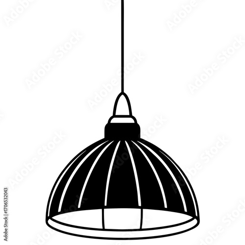 A black silhouette of a vintage industrial pendant light fixture hanging from a cord isolated on white background