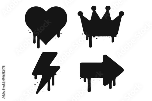 Unique black art symbols featuring heart, crown, lightning bolt, and arrow with dripping paint effect