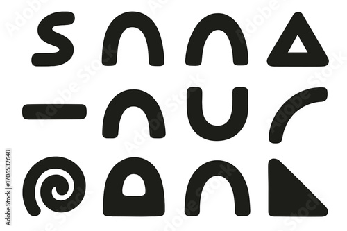 Unique collection of abstract black shapes and forms on white background showcasing creativity and design inspiration