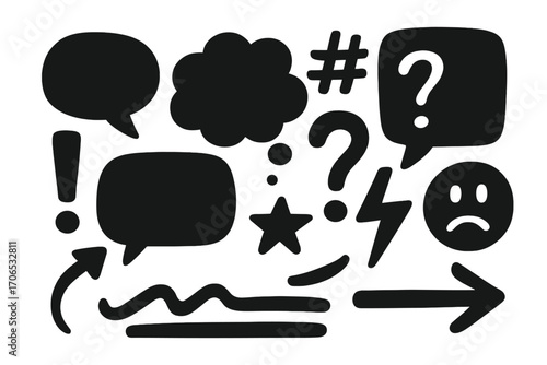 Various speech bubbles and symbols depicting emotions and expressions in a modern design style