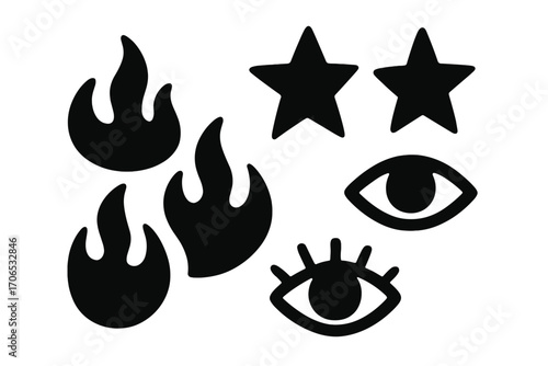 Unique collection of black icons featuring flames, stars, and eyes for creative design projects