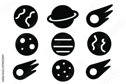 Graphic design featuring celestial bodies and asteroids in a grid layout on a simple background