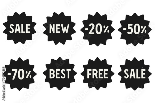 Discount signs displayed in various shapes indicating different sales in a retail environment during a shopping event