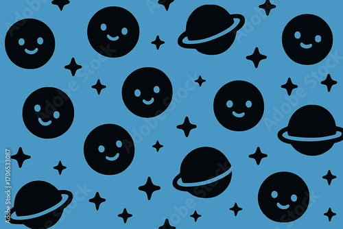 Colorful pattern featuring happy faces and planets against a blue background in a playful design