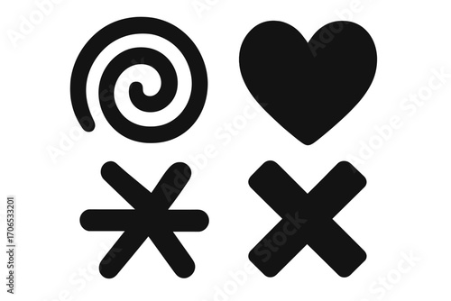 Black and white symbols featuring a spiral, heart, asterisk, and cross in a minimalist design on a plain background