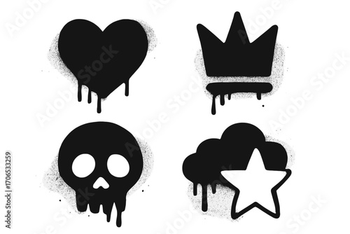 Unique street art designs featuring black symbols expressing love, danger, authority, and creativity