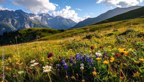 Fototapeta Naklejka Na Ścianę i Meble -  Mountain meadow bursting with wildflowers under a blue sky
