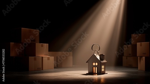 House Key and Boxes for Real Estate, Moving, or Homeownership Symbolism