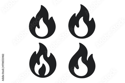 Multiple flames in various shapes and sizes arranged on a white background, conveying energy and heat