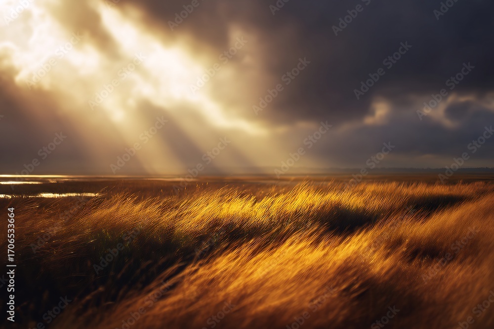 Obraz premium Golden field landscape sunlight rays scenic nature photography countryside meadow grass sky clouds