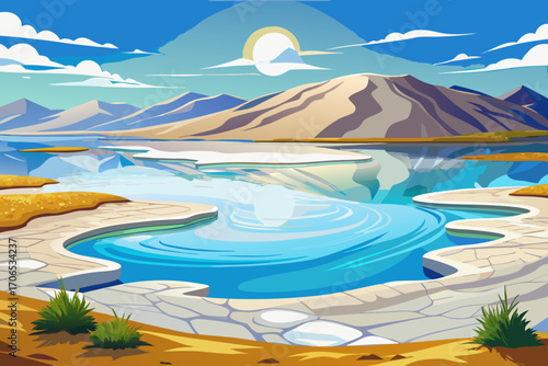 vector of The big salt lake where the sunlight shines on the lake and makes the whiteness of the salt more beautiful