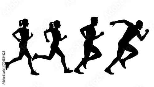 Running man and woman silhouettes set. Male and female runners figure shapes. Bare and naked slim healthy people work out