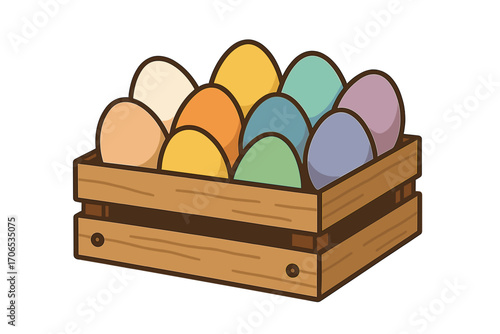 Colorful eggs in wooden crate for Easter celebration eggs in wooden crate