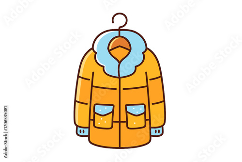 Warm yellow winter coat hanging on a hook with blue accents winter coat hanging